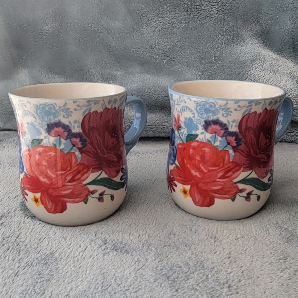 Pioneer Woman Brilliant Blooms Floral Red and Blue Ceramic Mugs